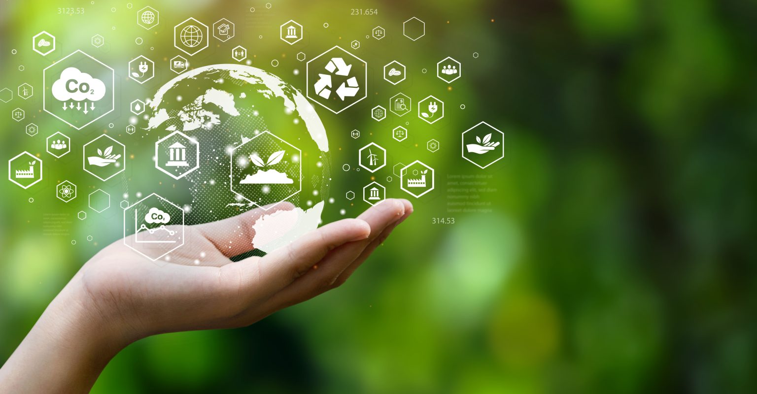 ESG icon concept. Environment, society and governance. Energy of natural gas sustainable and ethical business on network connection on green background.